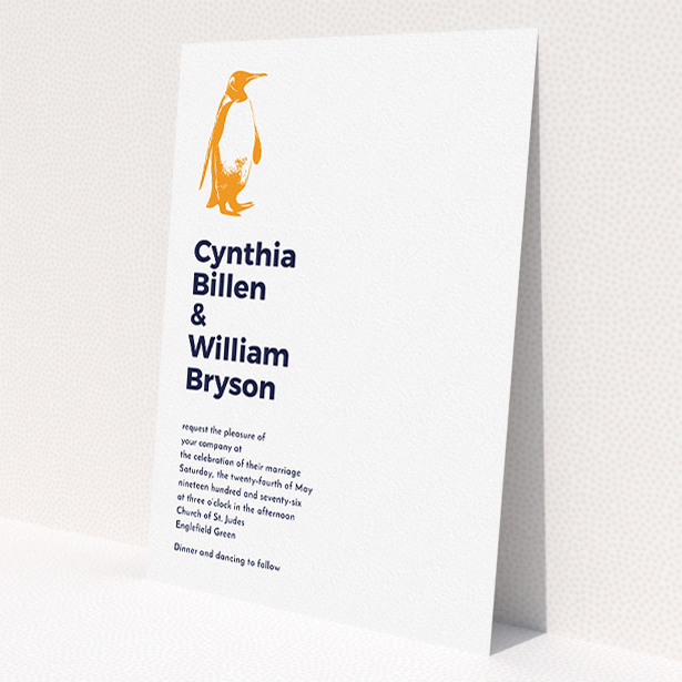 A personalised wedding invitation template titled "My little penguin". It is an A5 invite in a portrait orientation. "My little penguin" is available as a flat invite, with tones of white and orange.