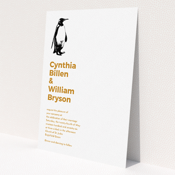 A personalised wedding invitation template titled 'My little penguin'. It is an A5 invite in a portrait orientation. 'My little penguin' is available as a flat invite, with tones of white and orange.