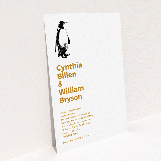 A personalised wedding invitation template titled "My little penguin". It is an A5 invite in a portrait orientation. "My little penguin" is available as a flat invite, with tones of white and orange.
