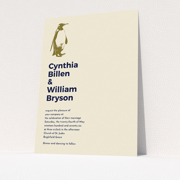 A personalised wedding invitation design named "My little penguin". It is an A5 invite in a portrait orientation. "My little penguin" is available as a flat invite, with mainly dark cream colouring.