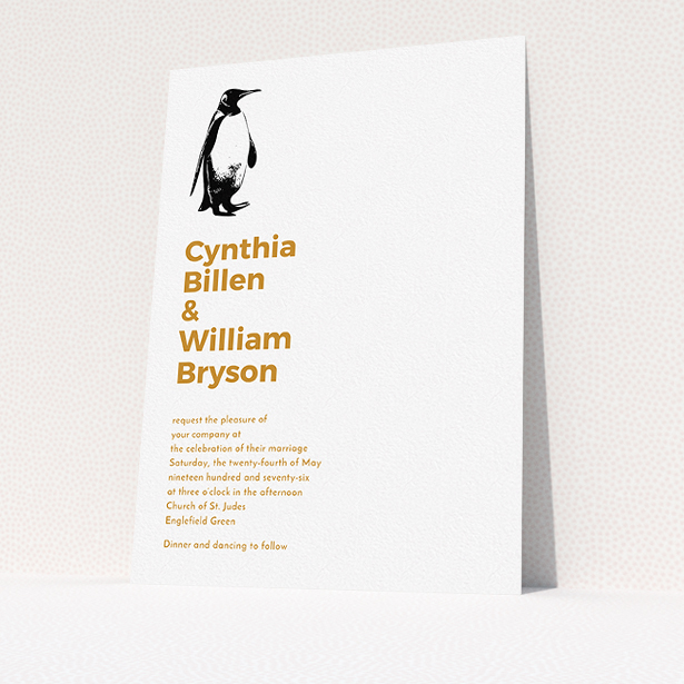 A personalised wedding invitation template titled "My little penguin". It is an A5 invite in a portrait orientation. "My little penguin" is available as a flat invite, with tones of white and orange.