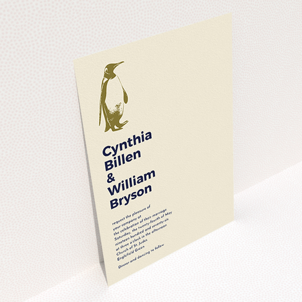 A personalised wedding invitation design named "My little penguin". It is an A5 invite in a portrait orientation. "My little penguin" is available as a flat invite, with mainly dark cream colouring.