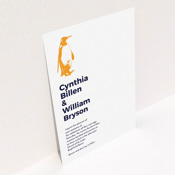 A personalised wedding invitation template titled "My little penguin". It is an A5 invite in a portrait orientation. "My little penguin" is available as a flat invite, with tones of white and orange.