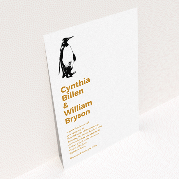 A personalised wedding invitation template titled "My little penguin". It is an A5 invite in a portrait orientation. "My little penguin" is available as a flat invite, with tones of white and orange.