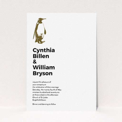 A personalised wedding invitation called "My little penguin". It is an A6 invite in a portrait orientation. "My little penguin" is available as a flat invite, with mainly white colouring.