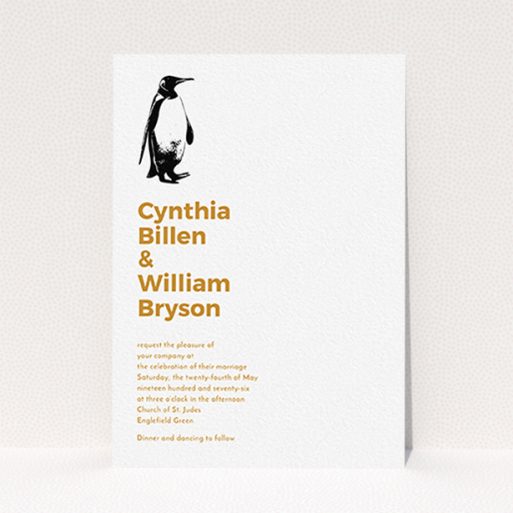 A personalised wedding invitation named "My little penguin". It is an A6 invite in a portrait orientation. "My little penguin" is available as a flat invite, with tones of white and orange.