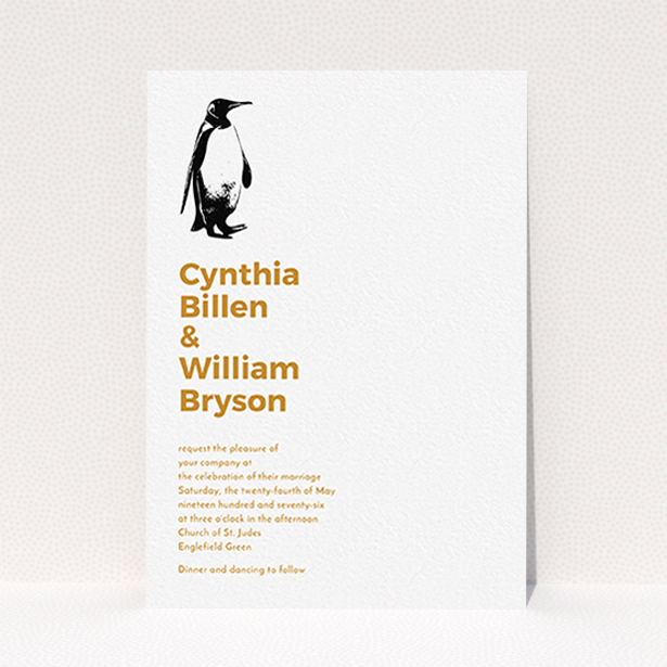A personalised wedding invitation named "My little penguin". It is an A6 invite in a portrait orientation. "My little penguin" is available as a flat invite, with tones of white and orange.