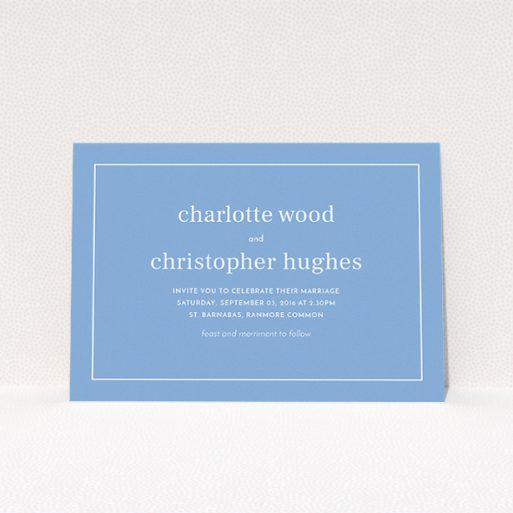 A personalised wedding invitation called "Nice and square". It is an A5 invite in a landscape orientation. "Nice and square" is available as a flat invite, with tones of blue and white.