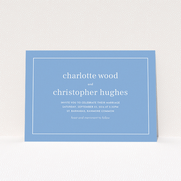 A personalised wedding invitation called "Nice and square". It is an A5 invite in a landscape orientation. "Nice and square" is available as a flat invite, with tones of blue and white.
