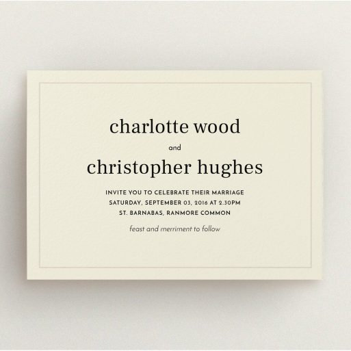 A personalised wedding invitation template titled "Nice and square". It is an A5 invite in a landscape orientation. "Nice and square" is available as a flat invite, with mainly dark cream colouring.