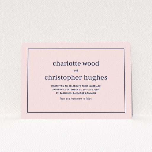 A personalised wedding invitation template titled "Nice and square". It is an A5 invite in a landscape orientation. "Nice and square" is available as a flat invite, with mainly pink colouring.