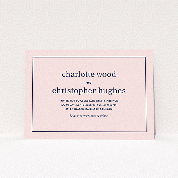 A personalised wedding invitation template titled "Nice and square". It is an A5 invite in a landscape orientation. "Nice and square" is available as a flat invite, with mainly pink colouring.