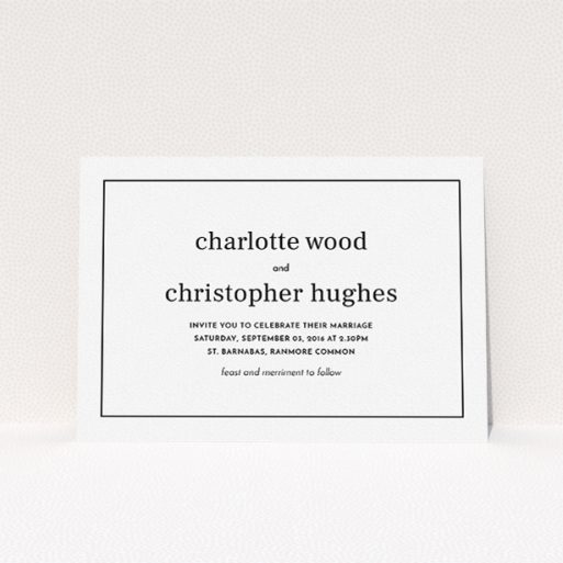 A personalised wedding invitation named "Nice and square". It is an A5 invite in a landscape orientation. "Nice and square" is available as a flat invite, with mainly white colouring.
