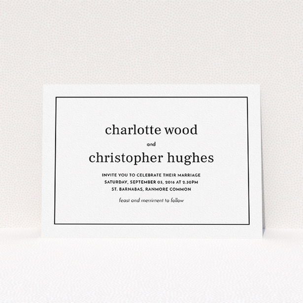 A personalised wedding invitation named "Nice and square". It is an A5 invite in a landscape orientation. "Nice and square" is available as a flat invite, with mainly white colouring.
