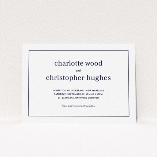 A personalised wedding invitation design called "Nice and square". It is an A5 invite in a landscape orientation. "Nice and square" is available as a flat invite, with mainly white colouring.