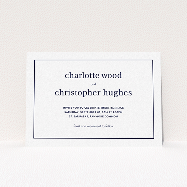 A personalised wedding invitation design called "Nice and square". It is an A5 invite in a landscape orientation. "Nice and square" is available as a flat invite, with mainly white colouring.