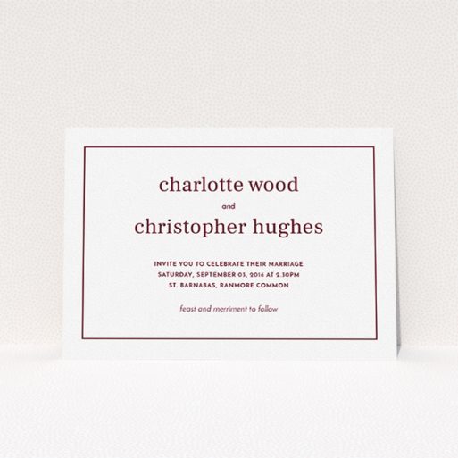 A personalised wedding invitation design named "Nice and square". It is an A5 invite in a landscape orientation. "Nice and square" is available as a flat invite, with tones of white and burgundy.