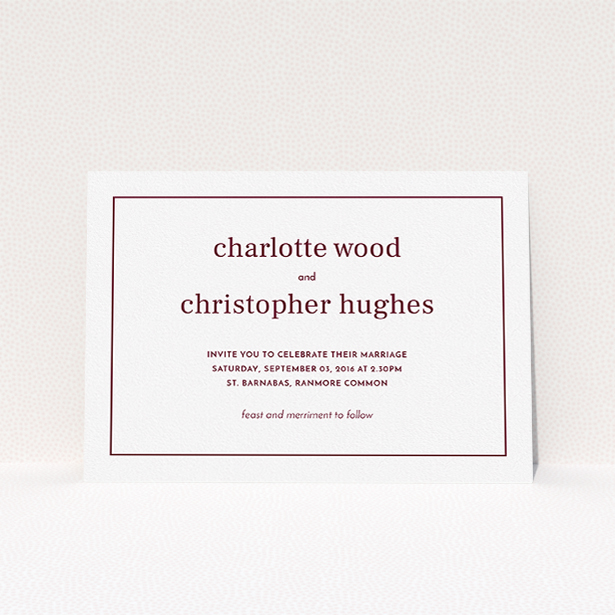 A personalised wedding invitation design named "Nice and square". It is an A5 invite in a landscape orientation. "Nice and square" is available as a flat invite, with tones of white and burgundy.