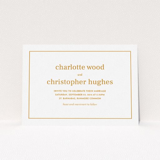 A personalised wedding invitation design titled "Nice and square". It is an A5 invite in a landscape orientation. "Nice and square" is available as a flat invite, with tones of white and orange.
