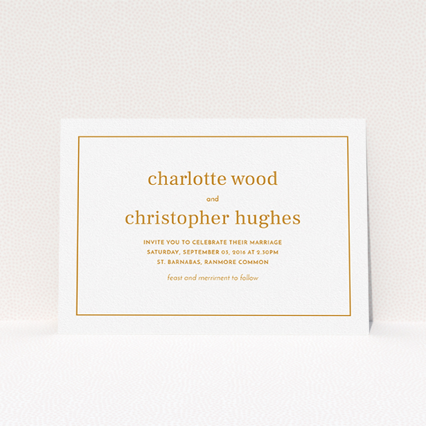 A personalised wedding invitation design titled "Nice and square". It is an A5 invite in a landscape orientation. "Nice and square" is available as a flat invite, with tones of white and orange.