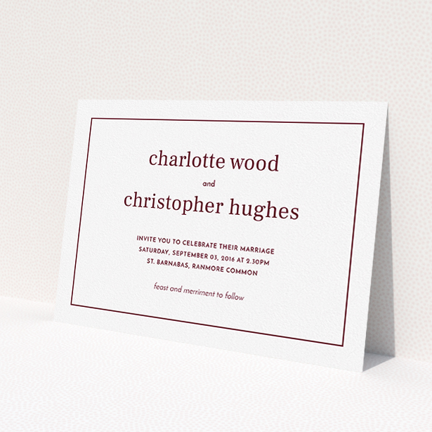 A personalised wedding invitation design named 'Nice and square'. It is an A5 invite in a landscape orientation. 'Nice and square' is available as a flat invite, with tones of white and burgundy.