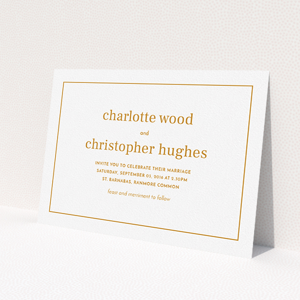 A personalised wedding invitation design titled 'Nice and square'. It is an A5 invite in a landscape orientation. 'Nice and square' is available as a flat invite, with tones of white and orange.