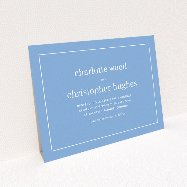 A personalised wedding invitation called "Nice and square". It is an A5 invite in a landscape orientation. "Nice and square" is available as a flat invite, with tones of blue and white.