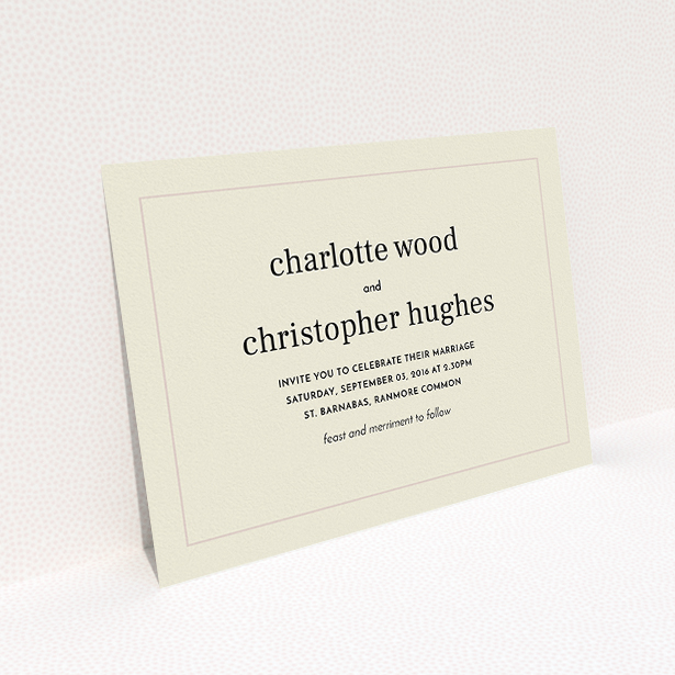 A personalised wedding invitation template titled "Nice and square". It is an A5 invite in a landscape orientation. "Nice and square" is available as a flat invite, with mainly dark cream colouring.
