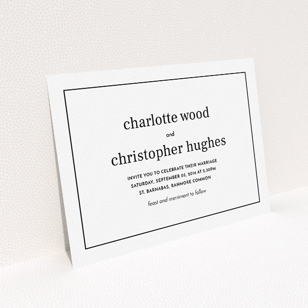 A personalised wedding invitation named "Nice and square". It is an A5 invite in a landscape orientation. "Nice and square" is available as a flat invite, with mainly white colouring.