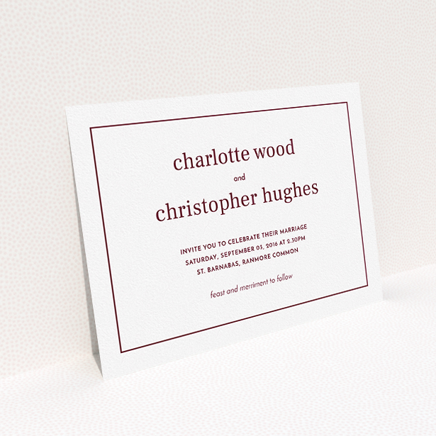 A personalised wedding invitation design named "Nice and square". It is an A5 invite in a landscape orientation. "Nice and square" is available as a flat invite, with tones of white and burgundy.