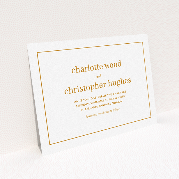 A personalised wedding invitation design titled "Nice and square". It is an A5 invite in a landscape orientation. "Nice and square" is available as a flat invite, with tones of white and orange.
