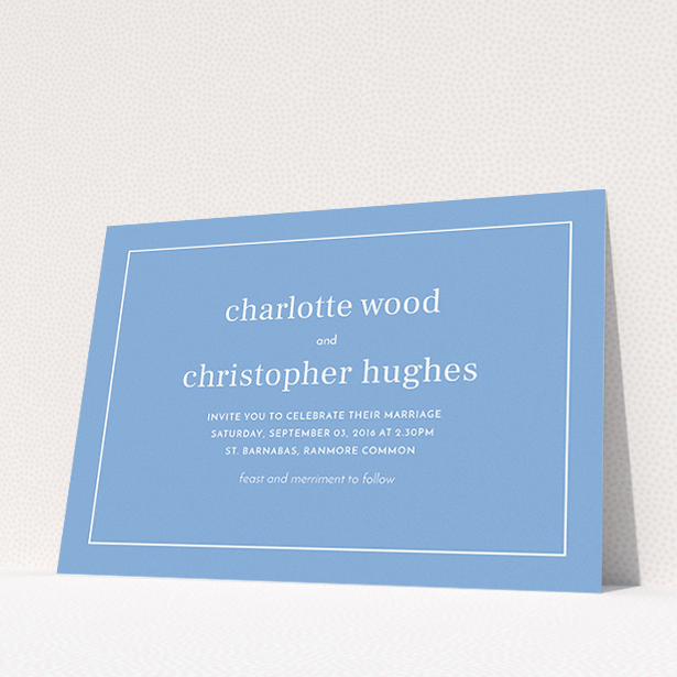 A personalised wedding invitation called "Nice and square". It is an A5 invite in a landscape orientation. "Nice and square" is available as a flat invite, with tones of blue and white.