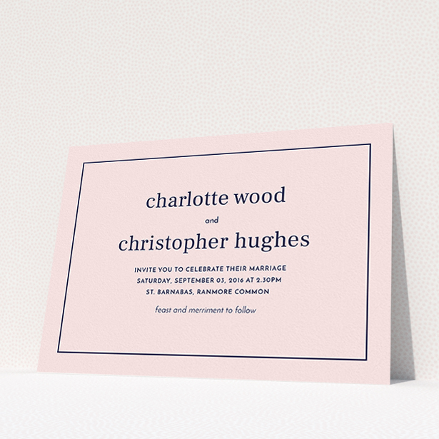 A personalised wedding invitation template titled "Nice and square". It is an A5 invite in a landscape orientation. "Nice and square" is available as a flat invite, with mainly pink colouring.