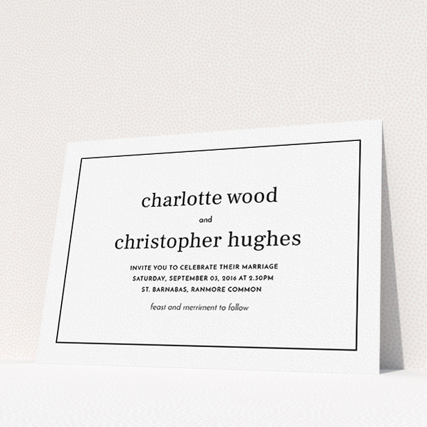 A personalised wedding invitation named "Nice and square". It is an A5 invite in a landscape orientation. "Nice and square" is available as a flat invite, with mainly white colouring.