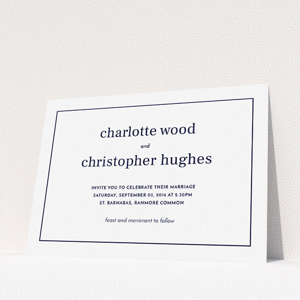 A personalised wedding invitation design called "Nice and square". It is an A5 invite in a landscape orientation. "Nice and square" is available as a flat invite, with mainly white colouring.