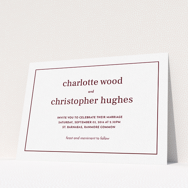 A personalised wedding invitation design named "Nice and square". It is an A5 invite in a landscape orientation. "Nice and square" is available as a flat invite, with tones of white and burgundy.