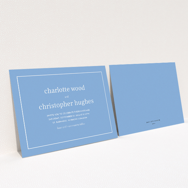 A personalised wedding invitation called "Nice and square". It is an A5 invite in a landscape orientation. "Nice and square" is available as a flat invite, with tones of blue and white.