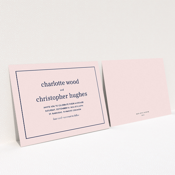 A personalised wedding invitation template titled "Nice and square". It is an A5 invite in a landscape orientation. "Nice and square" is available as a flat invite, with mainly pink colouring.