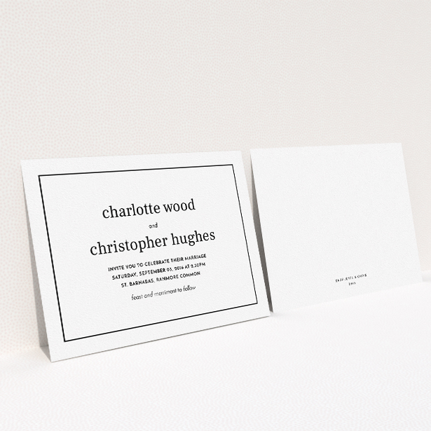A personalised wedding invitation named "Nice and square". It is an A5 invite in a landscape orientation. "Nice and square" is available as a flat invite, with mainly white colouring.