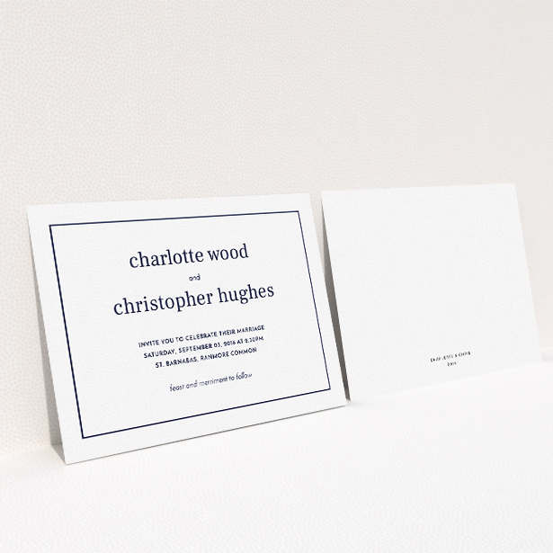 A personalised wedding invitation design called "Nice and square". It is an A5 invite in a landscape orientation. "Nice and square" is available as a flat invite, with mainly white colouring.