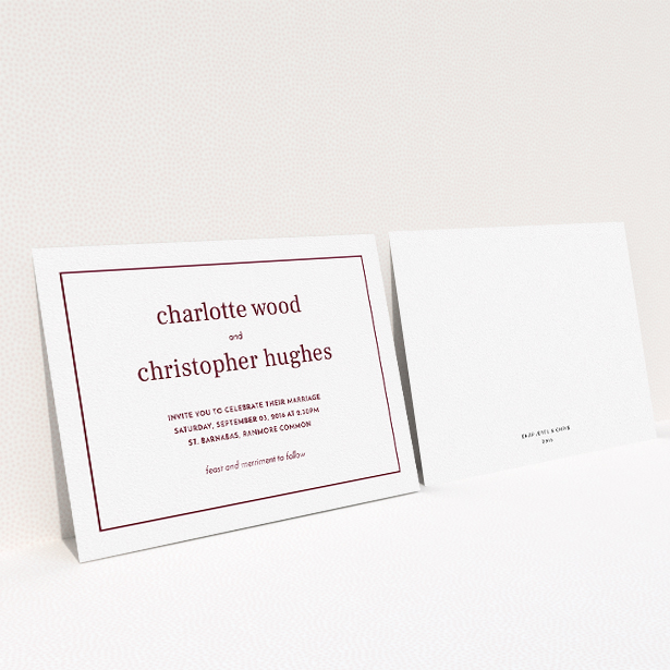 A personalised wedding invitation design named "Nice and square". It is an A5 invite in a landscape orientation. "Nice and square" is available as a flat invite, with tones of white and burgundy.
