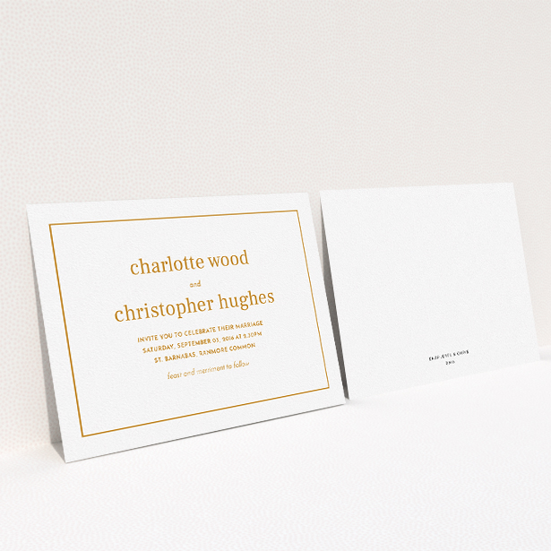 A personalised wedding invitation design titled "Nice and square". It is an A5 invite in a landscape orientation. "Nice and square" is available as a flat invite, with tones of white and orange.