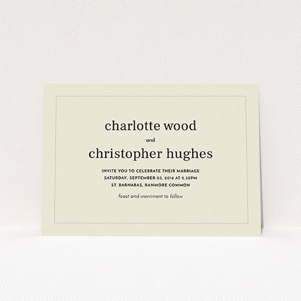 A personalised wedding invitation design named "Nice and square". It is an A6 invite in a landscape orientation. "Nice and square" is available as a flat invite, with mainly dark cream colouring.