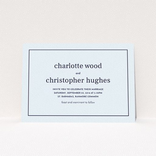 A personalised wedding invitation named "Nice and square". It is an A6 invite in a landscape orientation. "Nice and square" is available as a flat invite, with mainly light blue colouring.