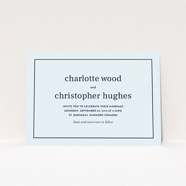 A personalised wedding invitation named "Nice and square". It is an A6 invite in a landscape orientation. "Nice and square" is available as a flat invite, with mainly light blue colouring.