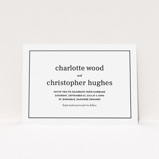 A personalised wedding invitation called "Nice and square". It is an A6 invite in a landscape orientation. "Nice and square" is available as a flat invite, with mainly white colouring.