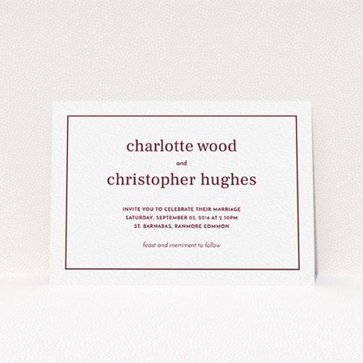 A personalised wedding invitation design called "Nice and square". It is an A6 invite in a landscape orientation. "Nice and square" is available as a flat invite, with tones of white and burgundy.