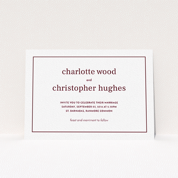 A personalised wedding invitation design called "Nice and square". It is an A6 invite in a landscape orientation. "Nice and square" is available as a flat invite, with tones of white and burgundy.