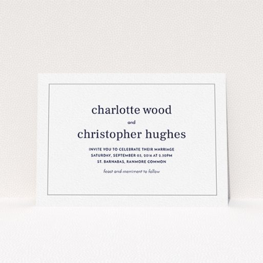 A personalised wedding invitation design titled "Nice and square". It is an A6 invite in a landscape orientation. "Nice and square" is available as a flat invite, with tones of white and Grey.