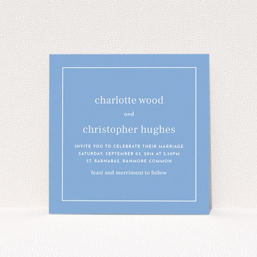 A personalised wedding invitation called "Nice and square". It is a square (148mm x 148mm) invite in a square orientation. "Nice and square" is available as a flat invite, with tones of blue and white.